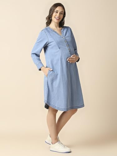Image of MomToBe Women's Denim Maternity Dress with Zippers for Nursing Pre and Post Pregnancy