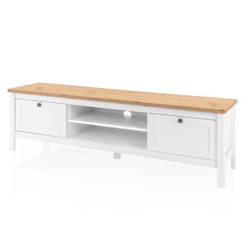 KHG TV-Bank 2 Schubladen Landhaus TV-Lowboard mit 2 offenen Fächern aus Holzwerkstoff weiß foliert, Deckplatte Holzoptik Asteiche foliert, Silberne Metall-Griffe, 160 x 45 x 40 cm (B/H/T)