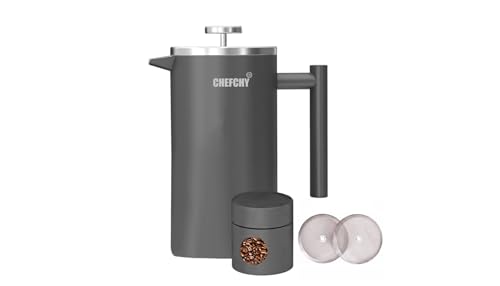 CHEFCHY French Press Coffee Maker, 34oz/1L, Double-Walled 304 Stainless Steel, Rust-Resistant, Dishwasher Safe, Includes 2 Extra Filters & Coffee Pot Canister - Matte Grey
