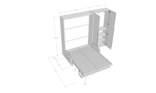Dimensioni: Letto chiuso: L.255,2 P.123 H.218,3 cm Letto aperto: L.255,2 P.224 H.218,3 cm Divano: L.155 P.82,5 H.76 cm Mensola: L.147,4 P.20 Sp.2,8 cm Altezza piano rete da terra: 29 cm Altezza massima materasso: 23 cm Armadio: L.100 P.40,5 H.218,3 cm Made in Italy. Prodotto