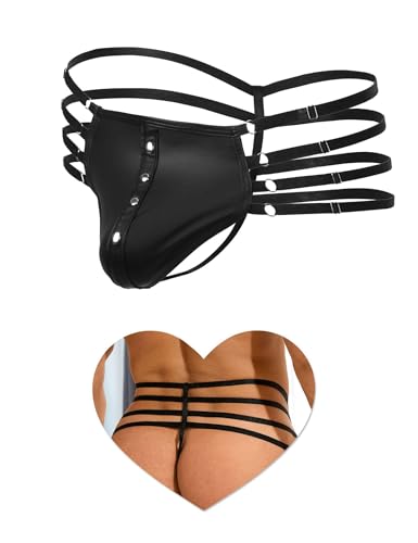 comeondear Mens Sexy Thong Panties Punk Rivet Pouch Bulge Underwear Faux Leather Male Jockstrap Mankini Sissy Lingerie Panties Black
