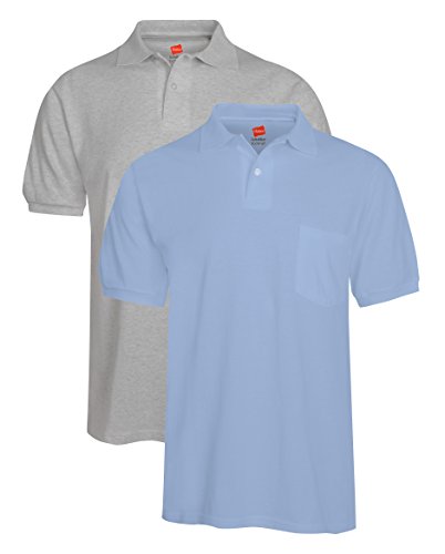 Hanes Men's 2 Pack Short Sleeve Jersey Pocket Polo, Light Steel/Light Blue, L