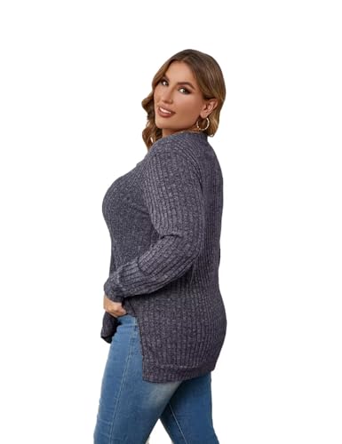 Image of MONNURO Women's Oversized Sweater V Neck Tunic Sweater with Split Hem Long Sleeve Ribbed Pullover Sweater(Heather Black,2X)