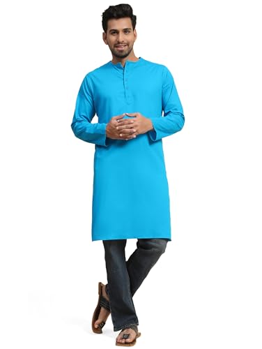 Image of Amazon Brand - Anarva Men's Cotton Solid Round Neck Kurta Long Sleeves Straight Knee Length Casual Shirt