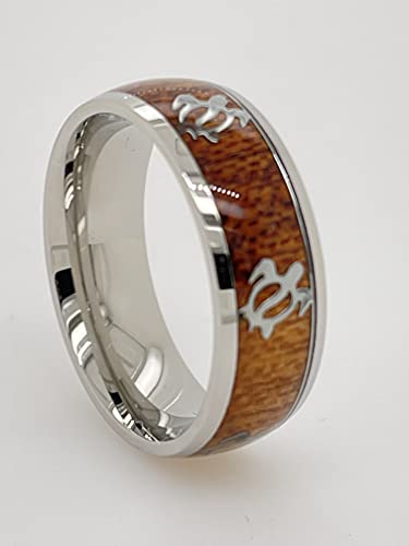 HPJ Beautiful Hawaiian Ocean Sea Turtle With Natural Koa Wood Silver Stainless Steel Ring 8mm Band men and Women Size 6-133