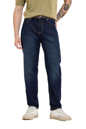 Image of SNITCH Men Casual Jeans | Relaxed Fit Straight Leg Washed Pattern & Drawstring Closure | 100% Cotton Denim Fabric for All Day Comfort & Everyday Wear