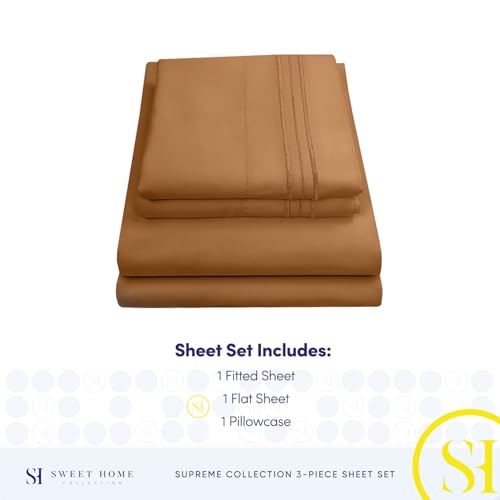 Image of Twin Sheets - Breathable Luxury Sheets with Full Elastic & Secure Corner Straps Built In - 1800 Supreme Collection Extra Soft Deep Pocket Bedding Set, Sheet Set, Twin, Mocha