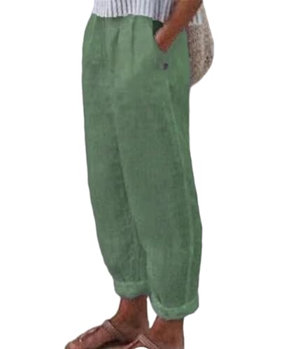 Linen Capri Pants for Women Cotton Casual Wide Leg Floral Beach Trousers with Pockets