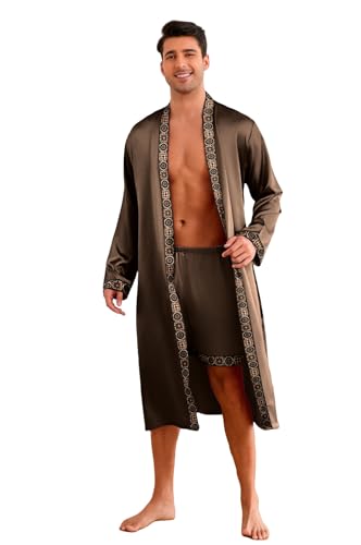 Men's Satin Nightgown Pajama Sets Long Sleeve Kimono Robe With Shorts 2 Pieces Sets Sleepwear