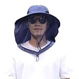 Outdoor Fishing Hat with Face Cover, UPF50+ Sun Protection, Breathable Mesh, Wide Brim Sun Hat for Men and Women, for Insect Resistant, for Driving, Cycling, Fishing, Hiking, Running, Working,（Blue）
