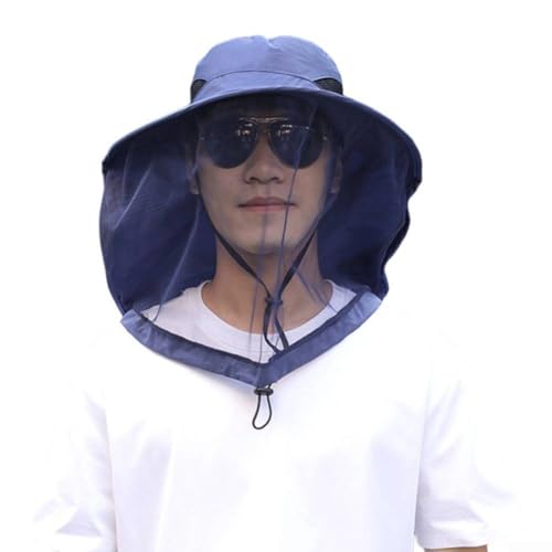 Outdoor Fishing Hat with Face Cover, UPF50+ Sun Protection, Breathable Mesh, Wide Brim Sun Hat for Men and Women, for Insect Resistant, for Driving, Cycling, Fishing, Hiking, Running, Working,（Blue）