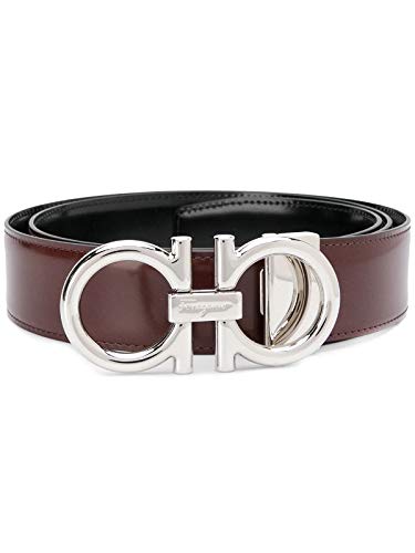 Salvatore Ferragamo Doble Gancini Hebilla Plata Marrón Negro Reversible Cinturón Tamaño 105/42