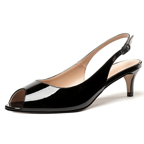 WAYDERNS Women's Black 2 Inch Kitten Low Heel Patent Leather Peep Toe Slingback Pumps Ladies Cute...