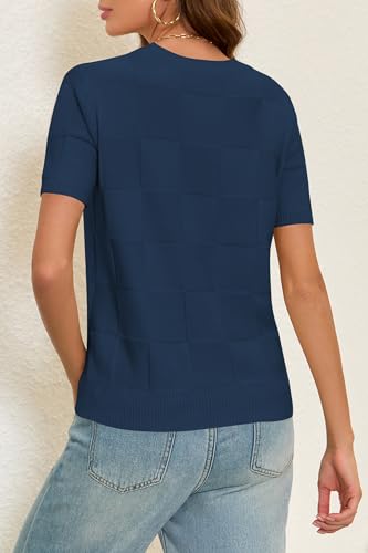 Image of Cakulo Women's Short Sleeve Summer Sweater Knit Tops | Checkered Pattern, Crew Neck, Lightweight Knit, Pullover Sweaters, Business Casual Work Tops Basic Clothes