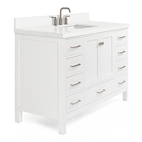 Ariel 55" Inch White Bathroom Vanity W/ 1.5" Edge Pure White Quartz Countertop & Backsplash | Single Rectangular Sink | 2 Soft Closing Doors & 9 Full Extension Dovetail Drawers | Satin Nickel Pulls #TOP6