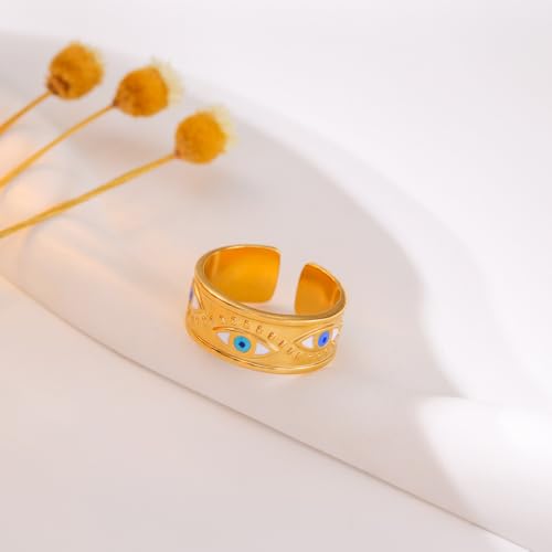 Evil Eye Ring For Women, Trendy Boho Open Sun Flower Adjustable Stainless Steel Non Tarnish Floral Stackable Engagement Statement Birthday Jewelry Gift3