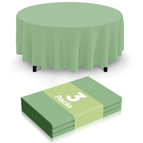 Image of Smiry Disposable Table Cloth 3 Pack, 84 Inch Round Waterproof Plastic Tablecloth, Decorative Round Table Covers for Party, Birthday, Picnic, Sage Green
