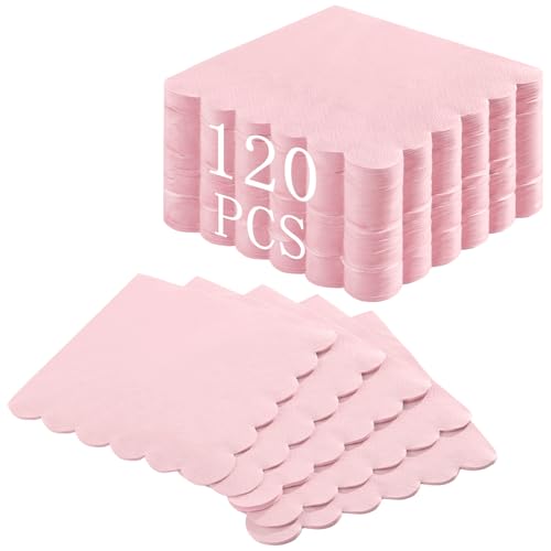NatNarr 120 Pcs Cocktail Napkins Pink Paper Napkins Light Pink Dessert Beverage Napkin Cute Scalloped Party Napkin for Baby Bridal Shower Birthday 5 x 5 Inch