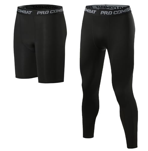 [Tersila] スポーツタイツ メンズ パワーストレッチ ロング アンダーウェア 5分/9分丈 スポーツ ショート タイツ 2枚組 コンプレッション タイツ [UVカット + 吸汗速乾] スパッツ レギンス Mのサムネイル