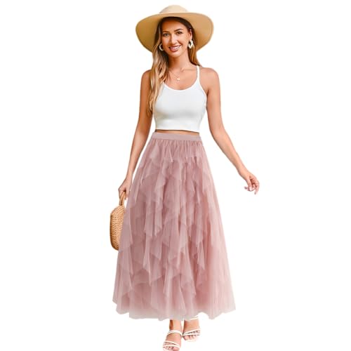 Women's Tutu Tulle A-Line Layered Mesh Midi Skirt, Layered Tulle Skirt Midi Mesh High-Waisted Skirt Long Fairy Skirt, Pink2