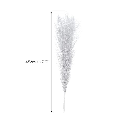 Uxcell 6Pcs Faux Pampas Artificial Grass Small 45cm/17.7" Fake Fluffy Pampas Artificial Grass 7 Branches Artificial Plants Vase Filler for Home Office Vase Wedding Decoration Silver - Image 2