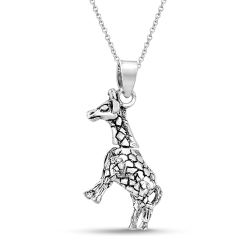 a sterling silver giraffe pendant with movable legs and neck on an 18 inch chain
