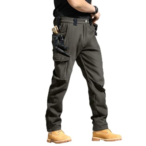Khaki Cargo Pants for Men Fleece Lined Waterproof Ripstop Tactical Pants Outdoor Thick Hiking Work Trousers