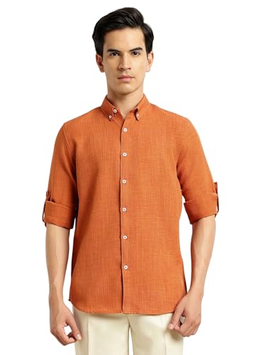 Image of Thomas Scott Men's | Solid | Textured Fabric | Full Sleeve | Slim Fit | Polyester-Blend | Spread Collar | Casual Shirt