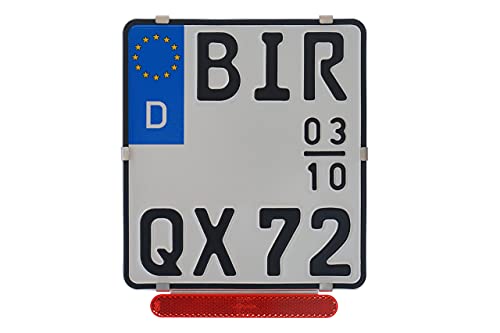 1x Kennzeichenhalter 180 X 200 mm Rahmenlos 100% Edelstahl (Rostfrei) 0,8 mm dick - Mit Rückstrahler Reflektor ROT - Für Motorrad - Roller