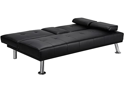 Yaheetech Modern Faux Leather Futon Set Convertible Recliner Sleeper Fold Up & Down Loveseat Reversible Daybed Guest Bed, 3 Angles Adjustable, 2 Cup-Holders, Up To 772 Lbs, Black #TOP5