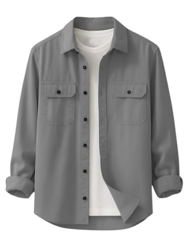 DEELMO Men’s Stylish Cotton Blend Casual Shirt || Full Sleeve Button-Down Shirt with Dual Flap Pockets || Comfortable Breathable Fabric || Perfect for Casual Office and Outing Wear Grey