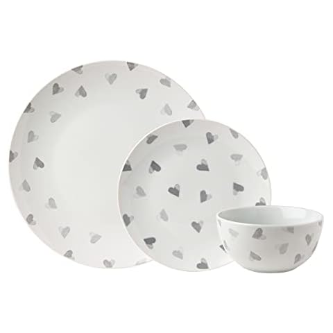Sabichi Watercolour Heart 12pc White & Grey Dinner Set - Microwave & Dishwasher Safe - 4 x Dinner Plates, 4 x Side Plates, 4 x Soup Bowls - Plate and Bowl Dinnerware Sets Cover