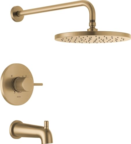 Image of Delta Modern 14 Series Round Rain Bathtub and Shower Faucet Set, Rainfall Brushed Gold Shower Head and Handle Set, Valve Trim Kit, 10 Inch, Champagne Bronze T14469-CZ-PP (Valve Not Included)