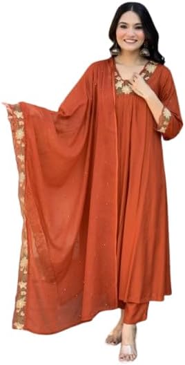 Women's Cotton Embrodiery Solid Anarkali Kurti with Pant and Mulmul Dupatta Set