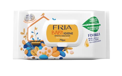 FRIA Baby Igiene - Salviette Neonati con Olio di Argan e NUTRIMILK – Effetto Idratante sulla Pelle - Tessuto Biodegradabile - PLASTIC FREE - Formato: 70 salviette