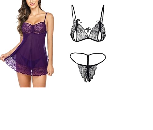 Image of SSoShHub Lace Babydoll Lingerie Sexy Mini Chemise Mesh Wedding Nightie Bridal Nightdress with Bikini