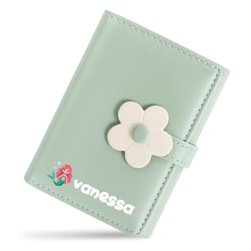 Personalized Cute Wallets for Women, Small Trifold Girl Wallets, Custom Name Flower Wallet, Leather Card Holder Coin Purse with ID Window,Personalized Gifts for Girls Ladies Women-Green