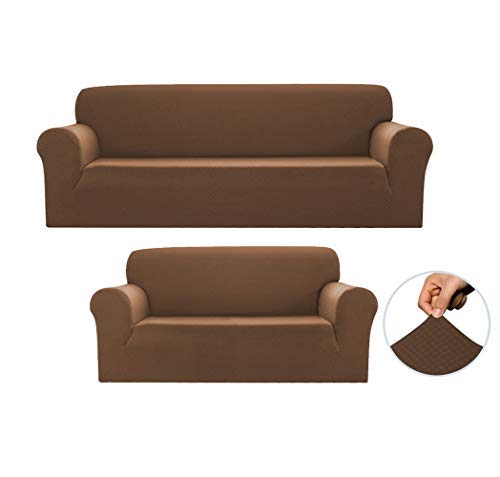 LinenTopia 2-Piece Sofa and Loveseat Slipcovers, Couch Covers Set, Form fit Stretch, Wrinkle Free, Furniture Protector, Sofa Covers for Living Room, Diamond Pattern Polyester Spandex (Brown)