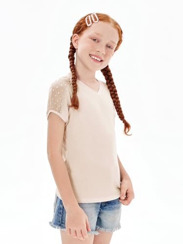 Haloumoning Girls V Neck T-Shirts Kids Summer Swiss Dot Short Sleeve Tops Cute Fashion Tees 5-14 Years4