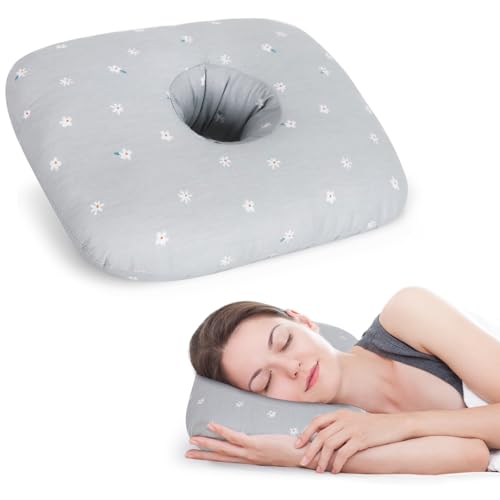 Ear Piercing Pillow for Side Sleeper with Hole for Relief Ears Pain CNH Piercing Pain Sleeping Pressure Sore, Comfortable Support Ear Guard Pillow to a Restful Sleep, Gray White Flowers