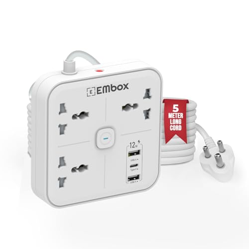 Image of Embox Extension Board with 5 Meter Cable | USB Ports 2 QC 1 PD and 3 Universal Sockets | Extension Cord with Overload Protector | 2500W Extension Board with Switches Safety Shutter LED Indicator