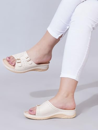 Image of Shoetopia Women's Comfort Sandals with Double Strap Buckle || Orthopedic Soft Sole Slip-On Flats for Daily Footwear