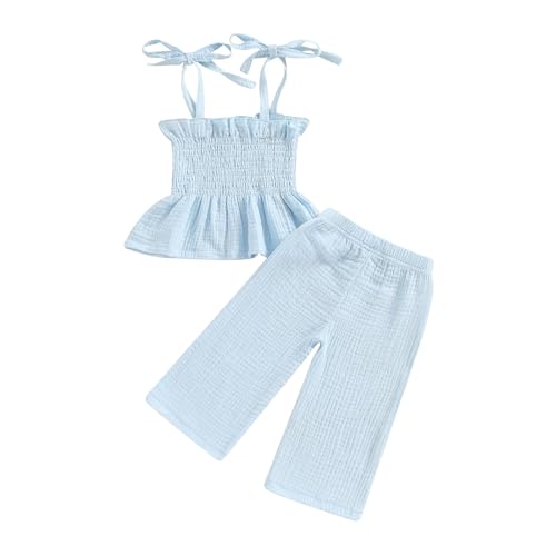 Image of VISGOGO Infant Baby Toddler Girls Clothes Solid Color Sleeveless Camisole Linen Pants Set Baby Summer Outfits