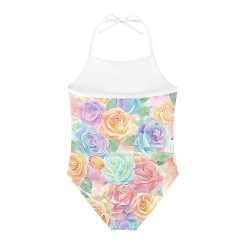 Image of KiuLoam Orange Pink Tropical Leaf Girls One Piece Swimsuit Quick Dry Beach Swim Bathing Suit for 3-8 Years Little Girls