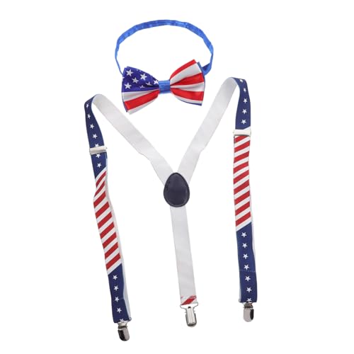 Veemoon American Flag Bowtie Aarel Set Patriotic Suspender Bowtie Strap Clip for Adults