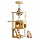 IFIAM 48.4" Tall Wood Cat Tree Tower for Indoor Cats Large Adult, Modern Minimalist Cat Furniture with Cat Scratching Post Cozy Sleeping Perch Hammock and Toy Ball, Beige