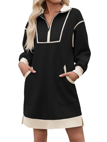 Wenrine Women's Oversized Sweatshirt Dress Half Zip V Neck Long Sleeve Contrast Fall Casual Mini Dresses