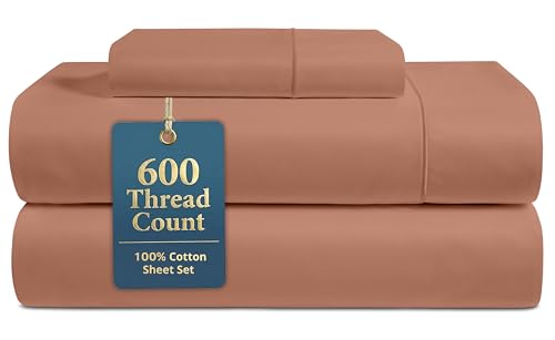 LANE LINEN 100% Cotton Sheets Set - 600 Thread Count Premium Sateen Weave for a Luxury Experience - Extra Soft & Breathable Twin XL Sheets for College Dorm - Oeko Tex Certified - Rose Dawn
