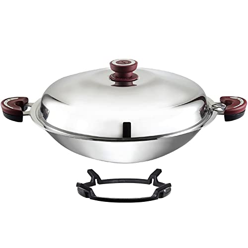 BUFFALO Stainless Steel Wok Pan with Lid Round Bottom 15 inch (38cm) - Stir Frying Pan Tri-Ply Nonstick Cookware - Double Handle Cooking Pot for Induction/Electric/Gas Stoves + Wok Ring