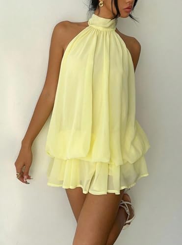 Women's Summer Halter Mini Dress Chiffon Ruffle Flowy Backless Wedding Guest Dresses Y2k Going Out Cocktail Outfits — view 4